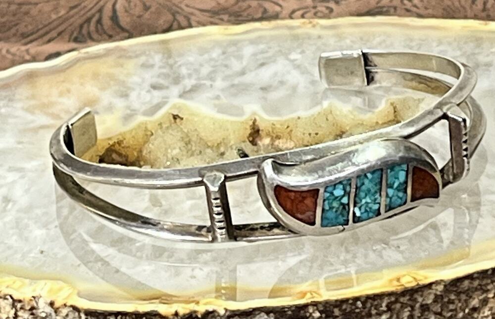 VTG Sterling Silver Turquoise Coral Chip Inlay Cuff Bracelet Navajo Style 19.9g